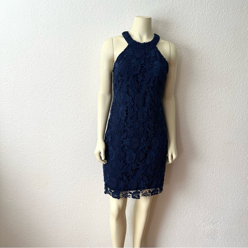 Berydress Navy Blue Lace Mini Dress Women’s Halter Neck Sleeveless Lined Size L